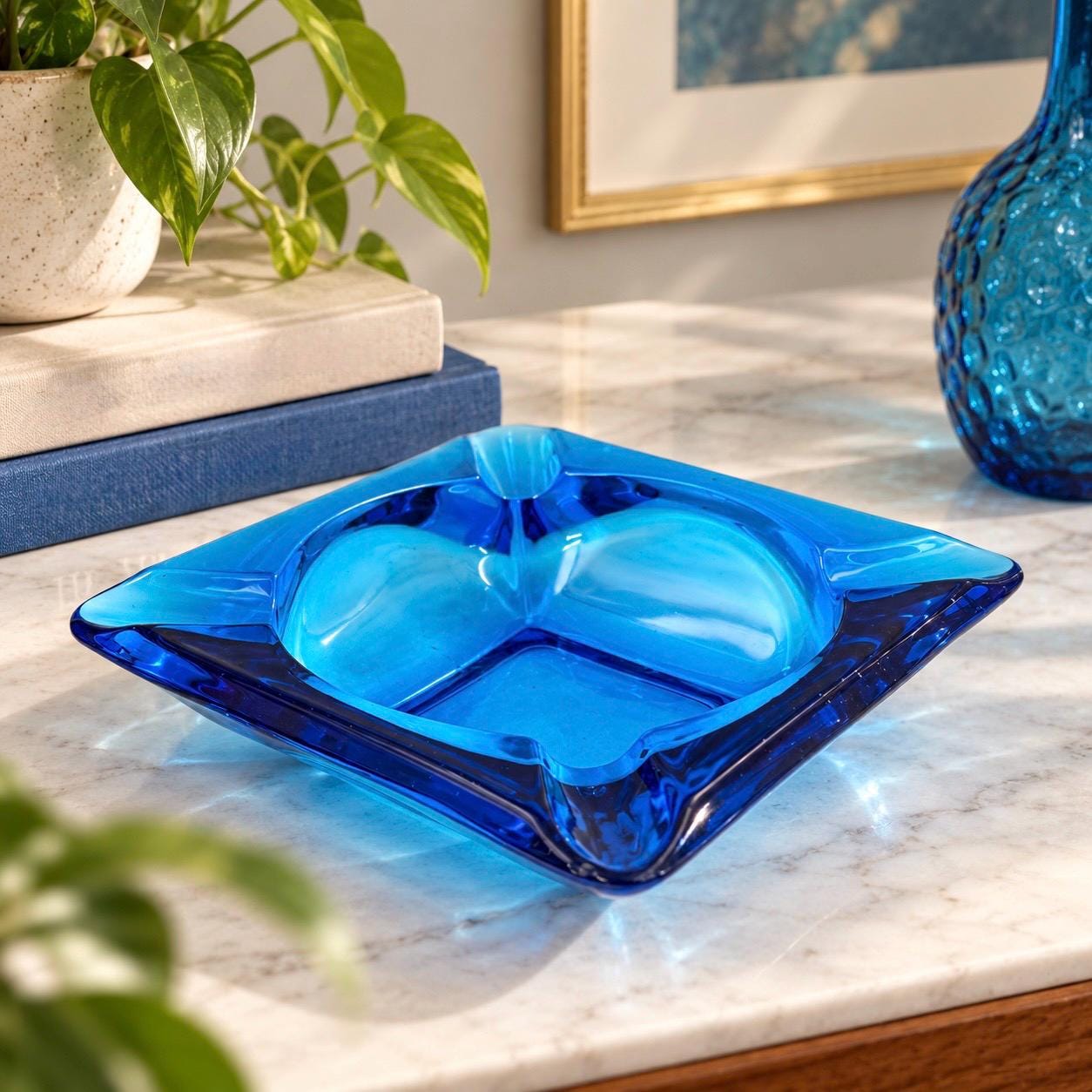 切子ガラス　藍色の灰皿　アンティーク Vintage Ashtray Blue - Etsy