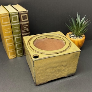 Vintage self-watering ceramic planter, square pot for indoor plants, decorative retro planter