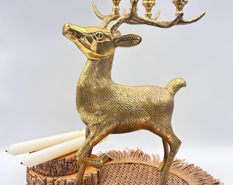 Lampadario a forma di cervo in ottone massiccio, finitura dorata, 4 rami, arredamento rustico chic, portacandele vintage a forma di animale, elegante centrotavola in stile chalet