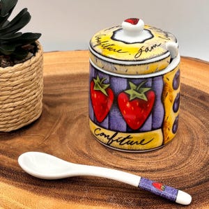 Vintage jam jar with spoon, ceramic marmalade pot, strawberry and berry decoration, brunch accessory