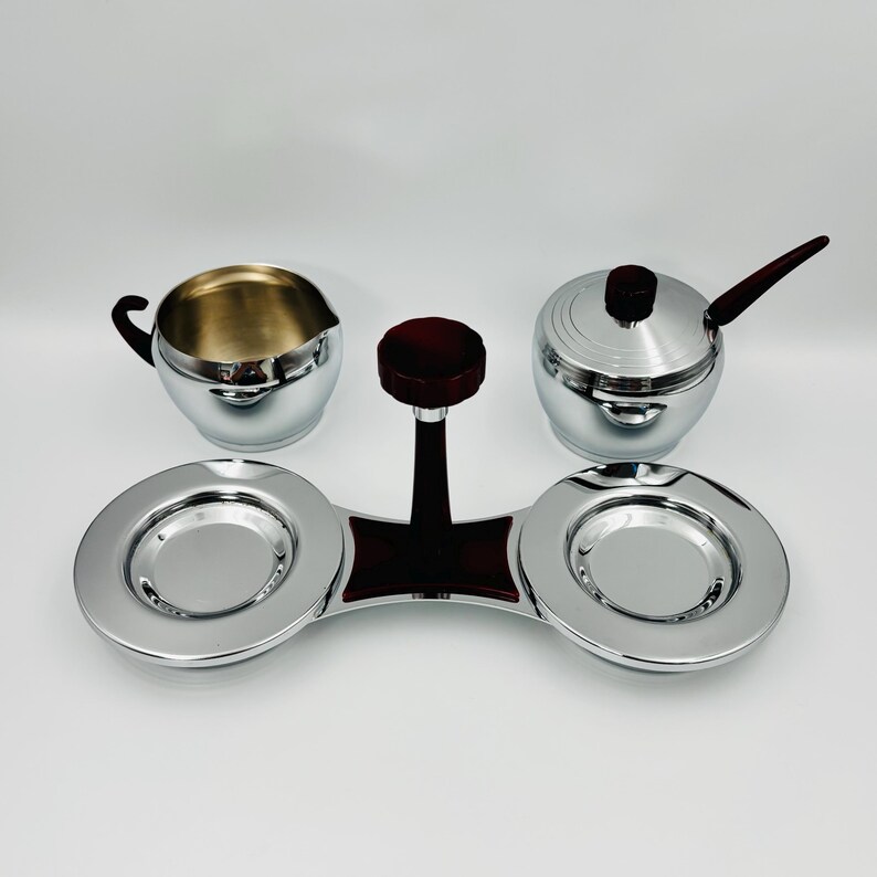 Glo-Hill vintage creamer and sugar bowl, chrome and red bakelite, Mid-Century coffee service with tray and spoon image 6