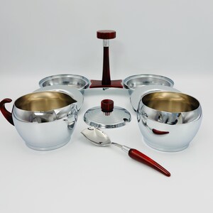 Glo-Hill vintage creamer and sugar bowl, chrome and red bakelite, Mid-Century coffee service with tray and spoon image 8