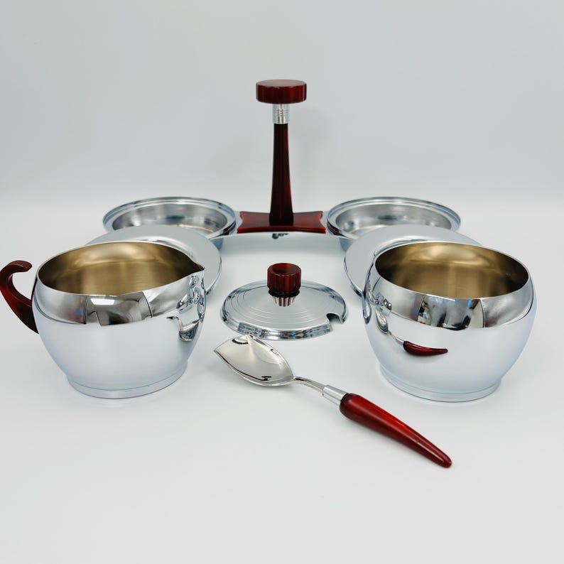 Glo-Hill vintage creamer and sugar bowl, chrome and red bakelite, Mid-Century coffee service with tray and spoon image 8