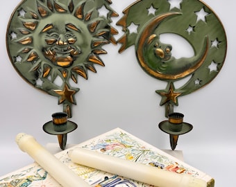 Partylite 90s Style Sun and Moon Wall Candle Holders, Brass Boho Celestial Wall Sconces, Set of 2