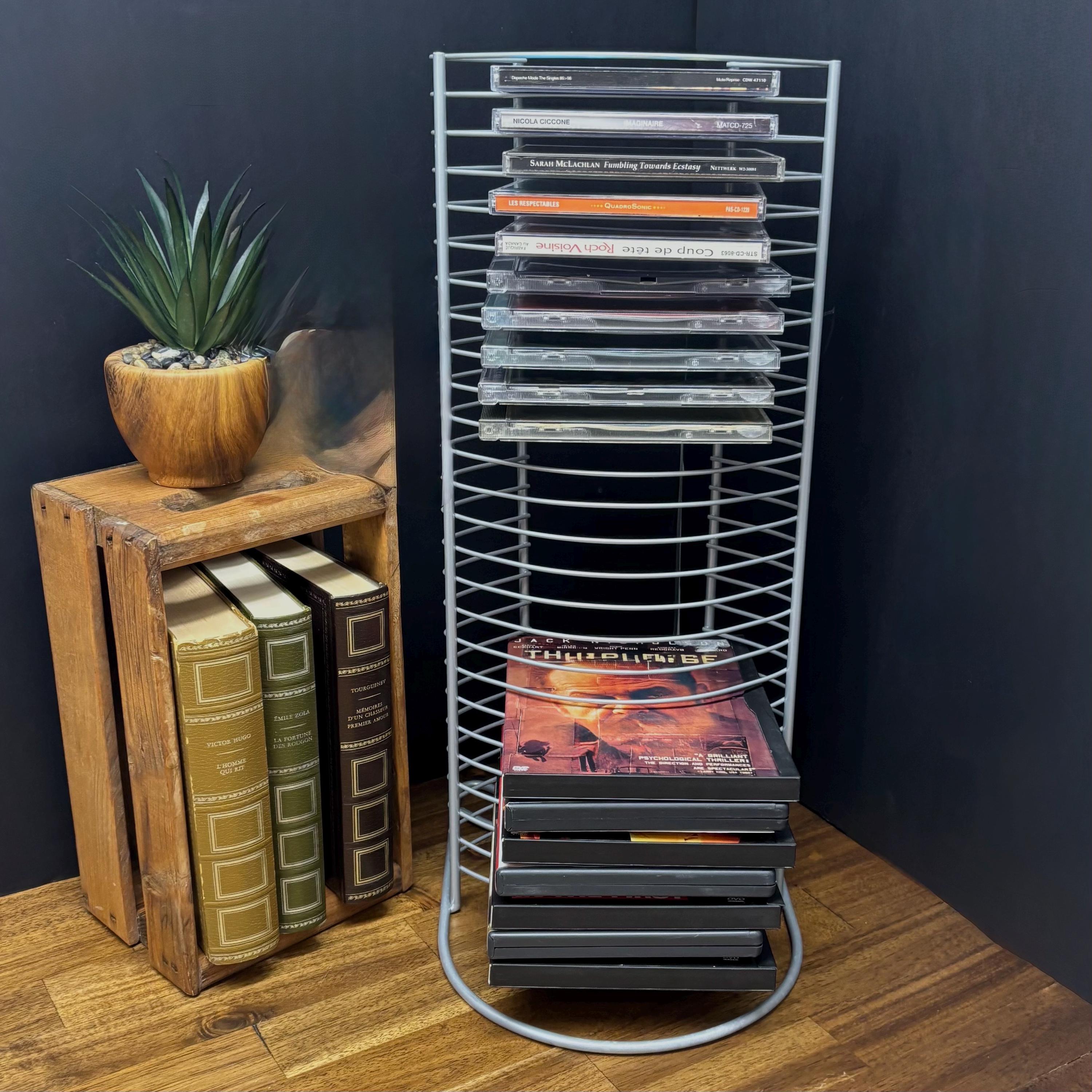 Vintage CD/DVD Storage Tower, Grey Metal Media Stand, Disc Shelf
