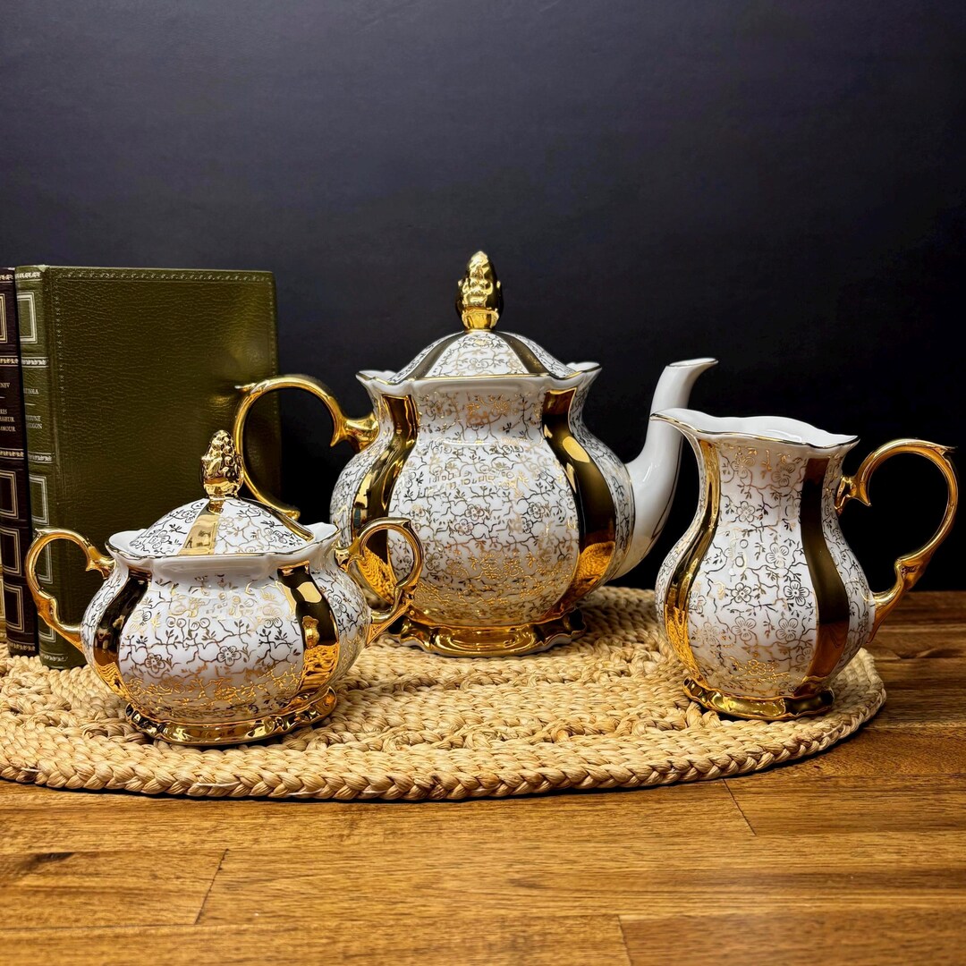 Vintage East German Porcelain Coffee and Tea Set in White and Gold ...