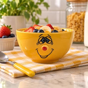 May include: A bright yellow ceramic bowl featuring a raised, three-dimensional red nose and a black printed face with sleepy eyes and a smiling mouth. The bowl is filled with cereal, sliced bananas, fresh strawberries, and blueberries.