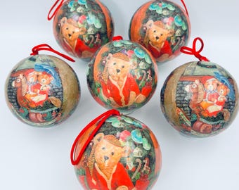 Vintage Christmas baubles, set of 6, tree ornaments, Christmas teddy bears, retro decorations, 90s, traditional decoration