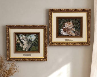 Vintage cat paintings, set of 2 canvas paintings, ornate gold frames, cat wall art, cottage decor