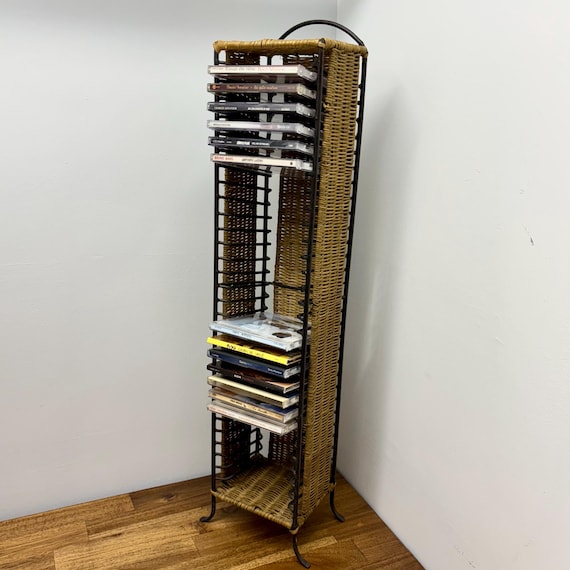 Black Rattan and Metal CD Storage Tower | Retro CD Holder