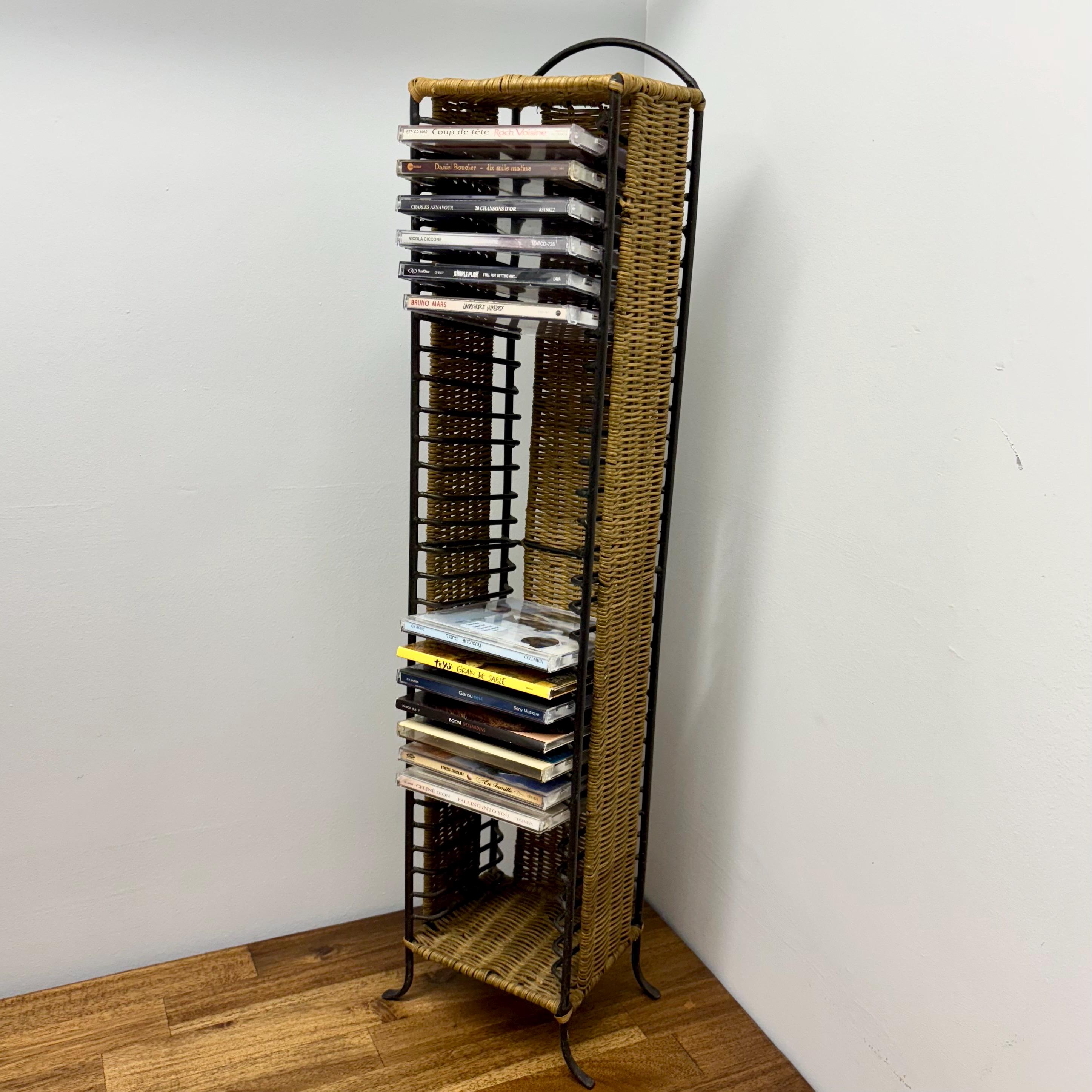 Vintage Metal and Wicker CD Storage Tower | Black Rattan and