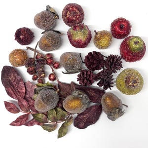 Frutas decorativas con cuentas, centro de mesa otoñal, manzanas, peras, uvas, cazuelas, decoración rústica, hogar cálido de temporada