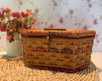 Vintage wicker sewing basket, retro 1960s/70s project box with red fabric lining, sewing storage for collection