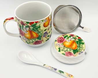Taza de porcelana con infusor y cuchara, para té o infusiones, con filtro integrado, elegante taza, regalo para amantes del té.
