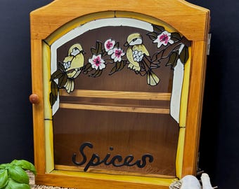 Vintage wall-mounted wooden spice cabinet with stained glass birds, retro kitchen storage, country-style spice rack