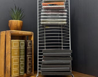 Vintage CD/DVD Storage Tower, Grey Metal Media Stand, Disc Shelf