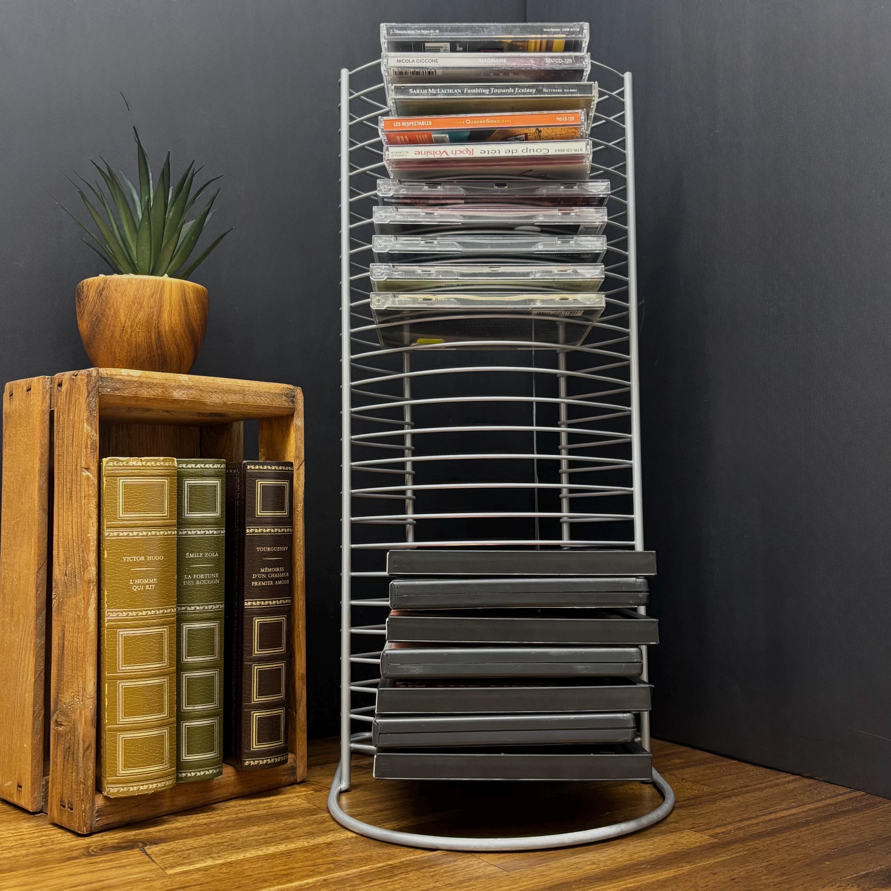 Vintage CD/DVD Storage Tower, Grey Metal Media Stand, Disc Shelf