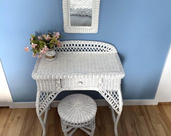 White wicker vanity with bench and mirror – Romantic shabby chic cottage style dressing table, complete set