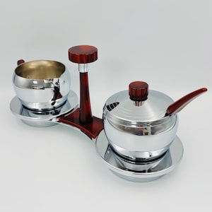 Glo-Hill vintage creamer and sugar bowl, chrome and red bakelite, Mid-Century coffee service with tray and spoon image 4