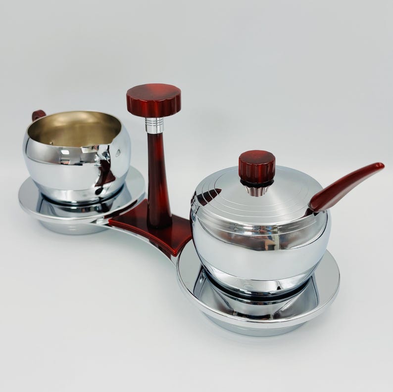 Glo-Hill vintage creamer and sugar bowl, chrome and red bakelite, Mid-Century coffee service with tray and spoon image 4