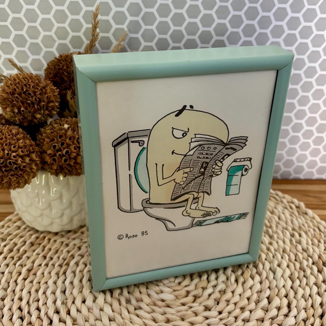 Vintage Humorous Frame Roso 1985 - Funny Bathroom Illustration - Retro ...