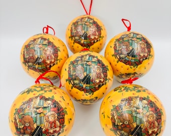 Vintage Christmas baubles, set of 6, retro tree ornaments, teddy bear, doll, toys, 90s Christmas decorations