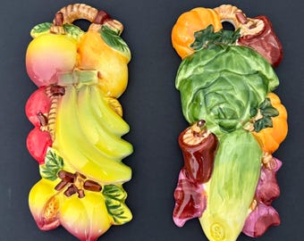 Fruit and vegetable wall plaques, set of 2, kitchen wall decoration, glazed ceramic, retro 70s decor