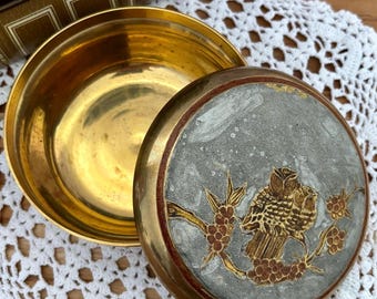 Vintage brass jewelry box, round box with engraved owls, small decorative gold box