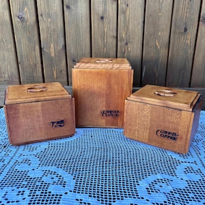Baribo Maid 1970s Wooden Kitchen Storage Boxes, Flour, Coffee, Tea Jars, Rustic Farmhouse Decor