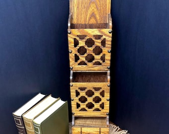 Vintage wooden wall-mounted letter holder, mail organizer with drawer, entryway/office storage, rustic letter holder