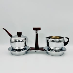 Glo-Hill vintage creamer and sugar bowl, chrome and red bakelite, Mid-Century coffee service with tray and spoon image 3