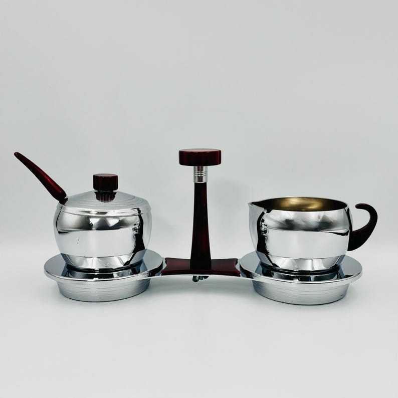 Glo-Hill vintage creamer and sugar bowl, chrome and red bakelite, Mid-Century coffee service with tray and spoon image 3