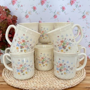 Peut inclure: Ensemble de tasses en céramique crème, ornées de motifs floraux roses, bleus, jaunes et verts. Les tasses, avec anses, sont disposées sur un dessous de plat tressé. Le fond présente un papier peint floral. Idéal pour le thé ou le café.