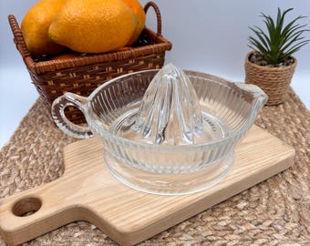 Vintage glass lemon squeezer, manual citrus press, juice extractor, orange press, retro kitchen, clear glass