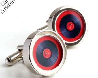 Vinyl DJ Cufflinks in Red, Spin the Record Right Round Baby PC096