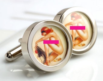 Erotic Pinup Cufflinks of a Naked Redhead Mature