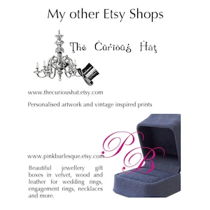 May include: Image with text: "My other Etsy Shops" and "The Curious Hat". Includes the website address www.thecurioushat.etsy.com and the description "Personalised artwork and vintage inspired prints". A dark blue jewellery box is also shown.