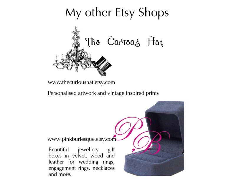 May include: Image with text: "My other Etsy Shops" and "The Curious Hat". Includes the website address www.thecurioushat.etsy.com and the description "Personalised artwork and vintage inspired prints". A dark blue jewellery box is also shown.