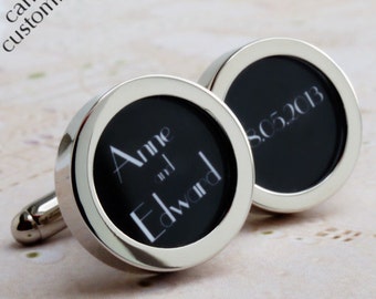 Custom Cufflinks for the Groom with the Names of the Bride and Groom and their Wedding Date in 1920s Art Deco Lettering PC442