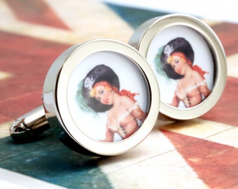 Pirate Girl Cufflinks, 1950s Pin Up Swashbuckling Cufflinks