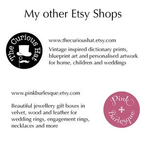 May include: Image featuring text "My other Etsy Shops" with two shop logos. The first logo is a black circle with a top hat and mustache. The second logo is a pink circle with the words "Pink Burlesque". The image also includes website addresses and descriptions of the shops' products.