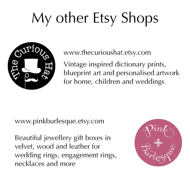 May include: Image featuring text "My other Etsy Shops" with two shop logos. The first logo is a black circle with a top hat and mustache. The second logo is a pink circle with the words "Pink Burlesque". The image also includes website addresses and descriptions of the shops' products.
