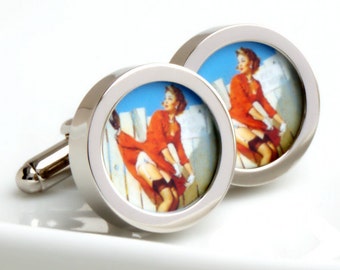 Vintage Pin Up Cufflinks of Woman in a Red Dress