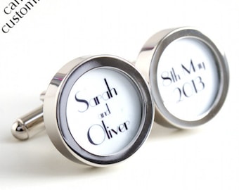 Name and Date Groom Cufflinks for Weddings Names of the Bride and Groom and Wedding Date Personalise Font and Colour PC443