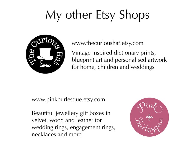 May include: Image of two Etsy shop logos. The first logo is black and white and features a top hat with a mustache. The text "The Curious Hat" is written around the logo. The second logo is pink and features the text "Pink Burlesque" written in a cursive font.