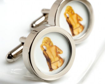 Vintage Blonde Pin Up Cufflinks of a Naked Woman PC292