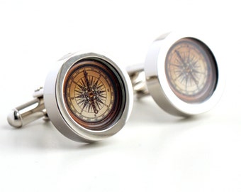 Compass Cufflinks, Vintage Nautical Compass Gift for Men, Sailing Gift, Nautical Cufflinks, Compass Gift, Find your Way Traveller Gift PC347