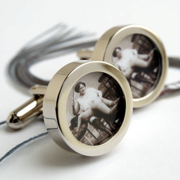 Erotic Cufflinks Victorian Vintage Nude Cufflinks, Naked Woman, Black and White Photography - Spank Me Oh Spank Me PC470