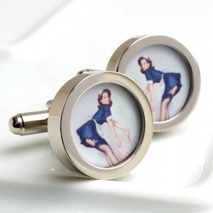 Vintage Pin Up Cuff Links of a Short Skirted Maid 1950s Kitch Fun PC124
