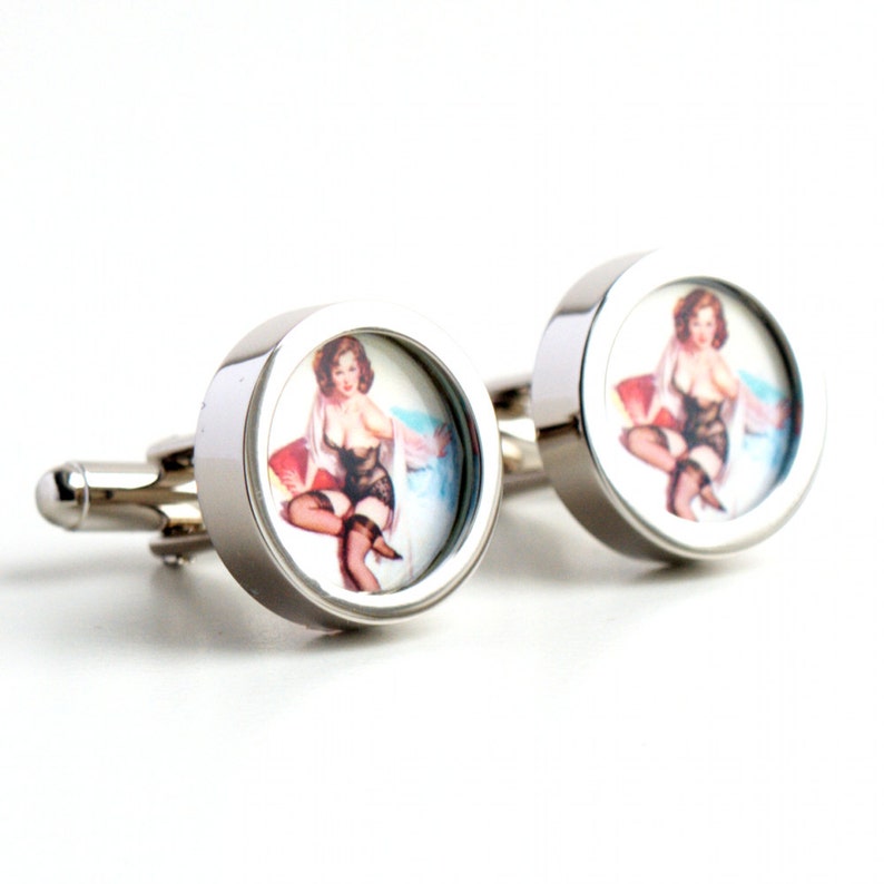 Vintage Pinup Cufflinks of a Brunette in Black Stockings image 1